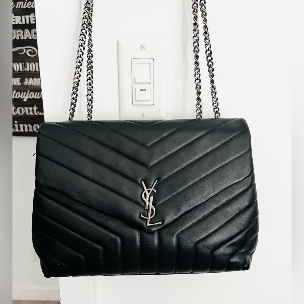 Yves Saint Laurent Medium Loulou Black Quilted Clutch with Chain